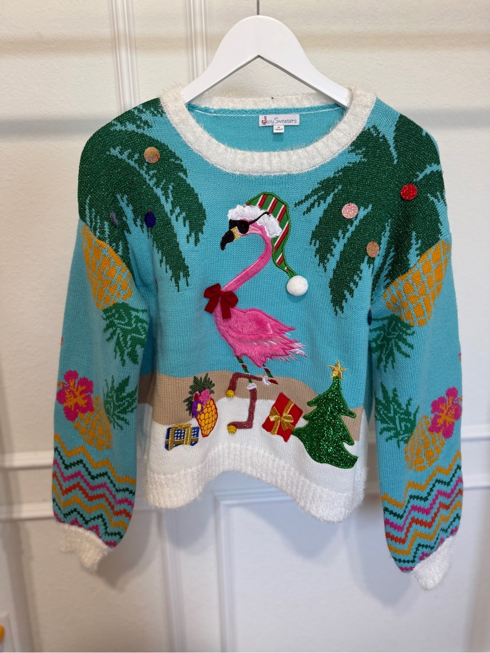 Holiday Flamingo Crewneck Sweater - Turquoise